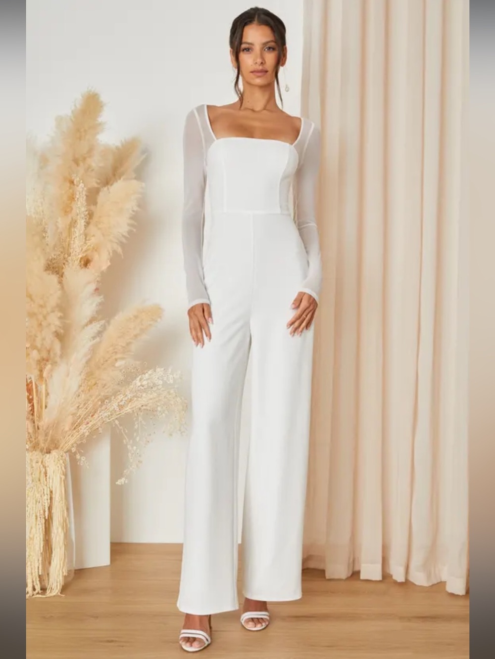 NWT-Lovingly Yours White Mesh Long Sleeve Jumpsuit